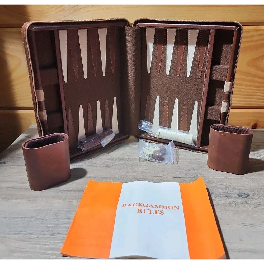 Vintage Magnetic Backgammon Game Faux Leather Zip Travel  Case Read